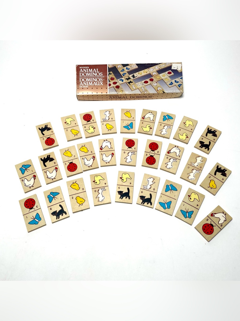 Vintage Wooden Animal Dominos Game 28 Pcs Complete Bilingual Box French English